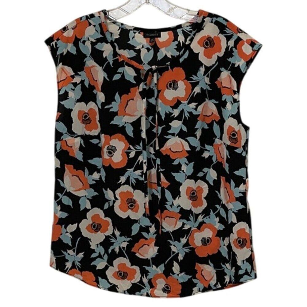 Talbots Floral Cap Sleeve Tie Neck Blouse Top Womens Size 10 Lightweight